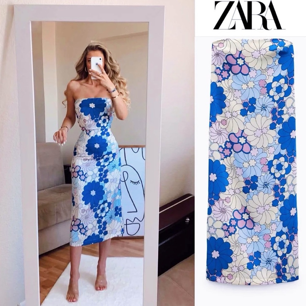 🌴Mix&Match 2/$150🌴Zara Blogger Favorite Retro Floral Print Strapless Midi Dres